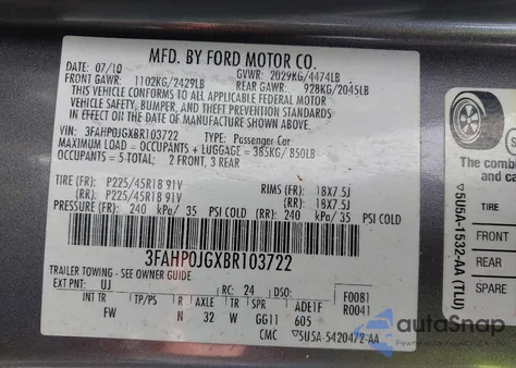 2011 Ford Fusion Sel from USA, damaged, VIN 3FAHP0JGXBR103722